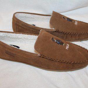 NIB POLO RALPH LAUREN MEN'S SUEDE FUR LINED BEAR BROWN SLIP ON SLIPPERS